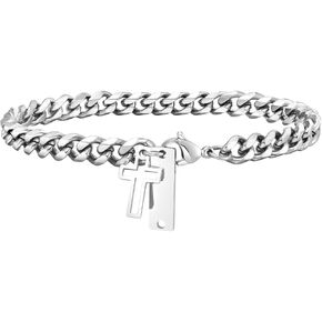 Mens Christian Cross 316L Stainless Steel Chain Bracelet, 8.3" Cuban/Link/Figaro French Rope Chain Bracelet for Men
