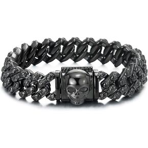COOLSTEELANDBEYOND Mens Stainless Steel Skull Bracelet, Curb Chain Large Bracelet with Buckle Clasp, Gothic