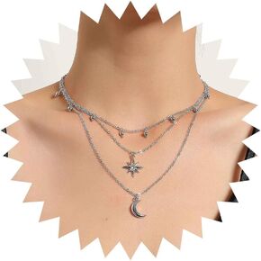 Multi Layered Chain Necklace Boho Moon Pendant Necklace Gold Crystal Starburst Choker Necklace Vintage Station Ball Necklace Jewelry for Women