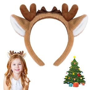 Shintop Deer Antlers Headbands, 2pcs Cute Reindeer Ears Headbands with Bow Deer Antlers Costume Soft Christmas Headwear Halloween Party Cosplay for Girls Women Adults (Brown)