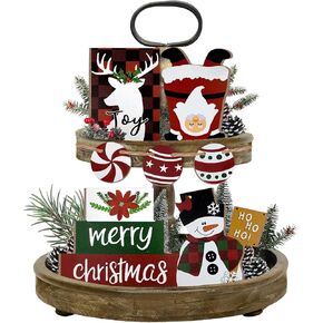Christmas Tiered Tray Decorations Set, 7PCs Christmas Farmhouse Wooden Signs Tiered Tray Decorations Set Red Buffalo Plaid Elk Santa Claus Candy for Xmas Home Kitchen Farmhouse Table Shelf Decor