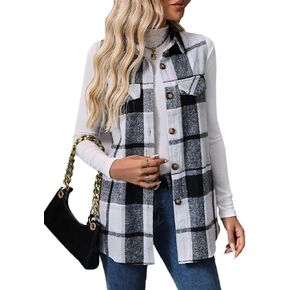 Mansy Womens Fall Flannel Plaid Outerwear Vest Casual Lapels Button Down Shirt Fashion Sleeveless Jacket Cardigan Coat