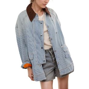 Kedera Women's Jean Jacket Oversized Striped Denim Jacket Long Sleeve Button Down Fashion Fall Shacket Barn Coat 2024