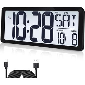 14.5'' Rechargable Large Digital LCD Wall Clock with Backlight Glow in the Dark,Night Light Wall Clock with Week,Date & Temperature,DST,Alarm Display for Living Room, Bedroom, Gift for Elderly