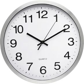 Wall Clock 12 Inch Silver Brushed Finish Silent Non Ticking Indoor Clock Round Battery Operated Stainless Steel Wall Clocks for Home, Office, Hotel, Bedroom, Living Room, Kitchen
