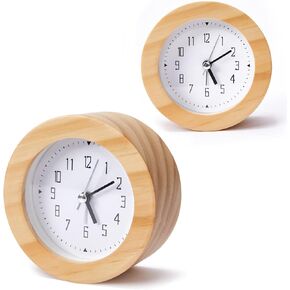 Wooden Analog Alarm Clock Silent Non-Ticking Desk Clock Battery Operated Table Clock with Nightlight for Bedroom,Children's Room, Living Room,Brown(4Inch)