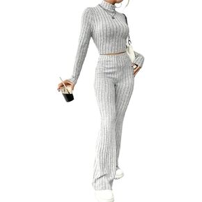 Women 2 Piece Sets High Neck Knitted Pullover Bell-Bottoms Casual Flare Leggings Yoga Sweatsuit Set