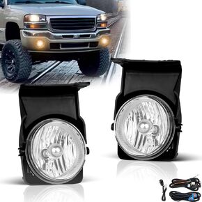 Fog Lights Lamps Assembly For 2003 2004 2005 2006 GMC Sierra 1500 2500 3500 Fog Lamps Replacement with Wiring Harness & Switch Kit H10 12V 45W Halogen Bulbs(Clear Lens)