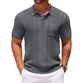 COOFANDY Men's Knit Polo Shirts Short Sleeve Vintage Polo Shirt Textured Polo T Shirt Classic Golf Shirt Grey