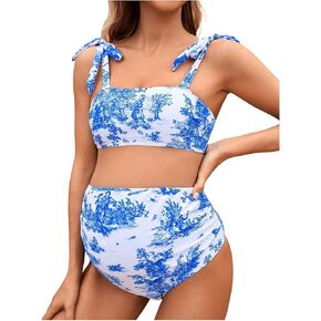 MakeMeChic Women's Maternity Two Piece Swimsuit Printed Tie Shoulder Ruched High Waisted Bikini Sets in Saudi Arabia