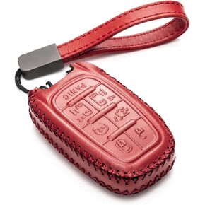 Vitodeco Genuine Leather Smart Key Fob Case Cover Protector with Leather Key Clap Compatible for Chrysler Pacifica 2017-2025 (7-Button, Red)