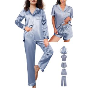 Womens 5Pcs Silk Pajamas Set XS-2XL Satin Pajama Sets Silky Sleepwear Pjs Loungewear Button Down Pj Nightwear