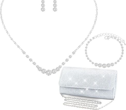 Silver Jewelry Set for Women Crystal Choker Necklace Earrings Link Bracelet Bridal Wedding Jewelry for Brides Bridemaid Prom Costume Accessories in Kuwait