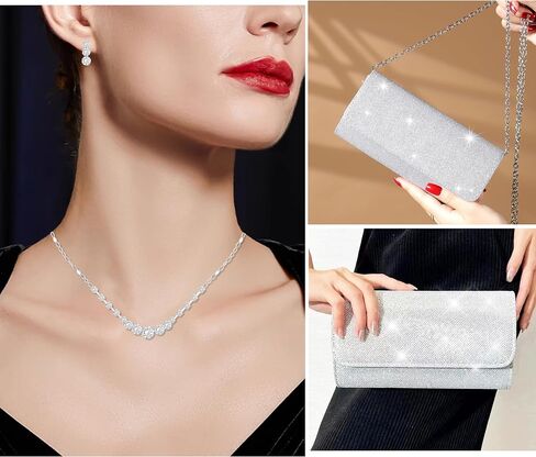 Silver Jewelry Set for Women Crystal Choker Necklace Earrings Link Bracelet Bridal Wedding Jewelry for Brides Bridemaid Prom Costume Accessories in Kuwait