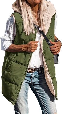 Womens Winter Long Puffer Vest Reversible Zip Up Sherpa Fleece Hoodie Sleeveless Coat Outwear in Saudi Arabia