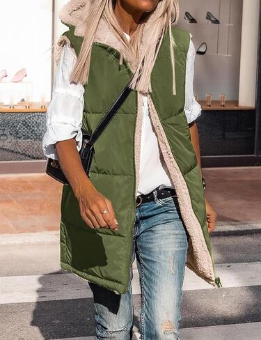 Womens Winter Long Puffer Vest Reversible Zip Up Sherpa Fleece Hoodie Sleeveless Coat Outwear in Saudi Arabia