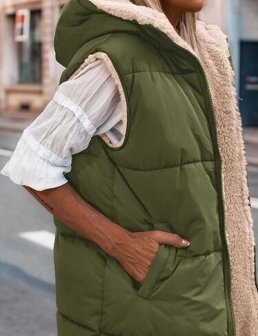 Womens Winter Long Puffer Vest Reversible Zip Up Sherpa Fleece Hoodie Sleeveless Coat Outwear in Saudi Arabia