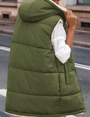 Womens Winter Long Puffer Vest Reversible Zip Up Sherpa Fleece Hoodie Sleeveless Coat Outwear in Saudi Arabia