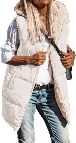 Womens Winter Long Puffer Vest Reversible Zip Up Sherpa Fleece Hoodie Sleeveless Coat Outwear in Saudi Arabia
