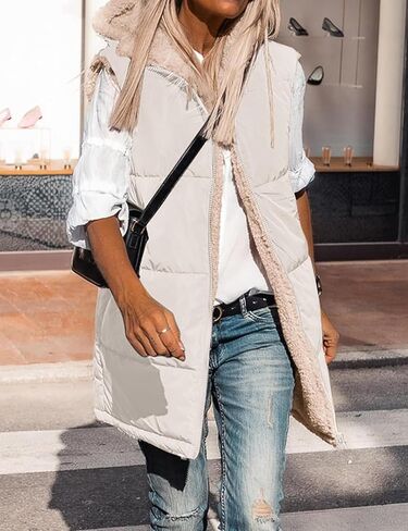 Womens Winter Long Puffer Vest Reversible Zip Up Sherpa Fleece Hoodie Sleeveless Coat Outwear in Saudi Arabia