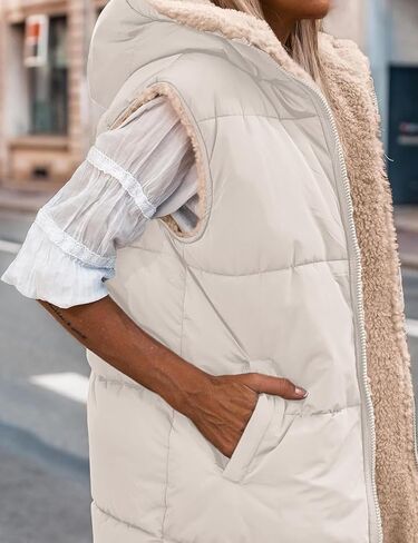 Womens Winter Long Puffer Vest Reversible Zip Up Sherpa Fleece Hoodie Sleeveless Coat Outwear in Saudi Arabia