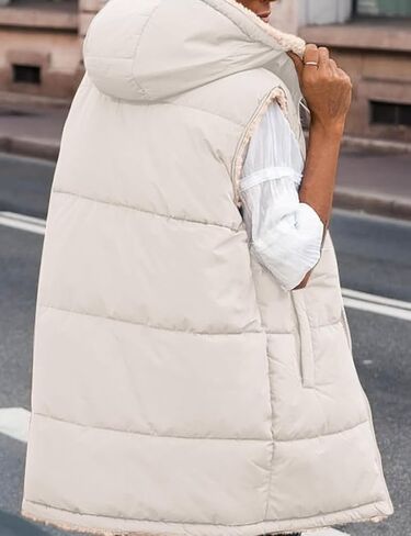 Womens Winter Long Puffer Vest Reversible Zip Up Sherpa Fleece Hoodie Sleeveless Coat Outwear in Saudi Arabia