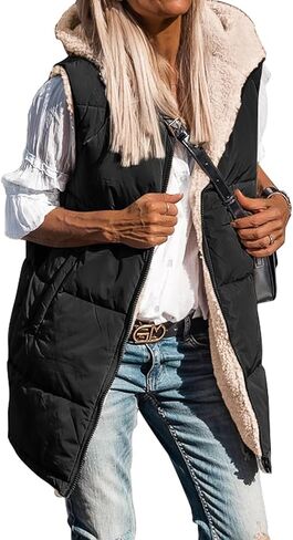 Womens Winter Long Puffer Vest Reversible Zip Up Sherpa Fleece Hoodie Sleeveless Coat Outwear in Saudi Arabia
