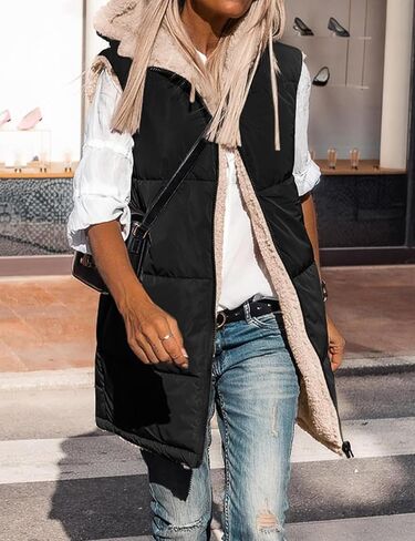 Womens Winter Long Puffer Vest Reversible Zip Up Sherpa Fleece Hoodie Sleeveless Coat Outwear in Saudi Arabia