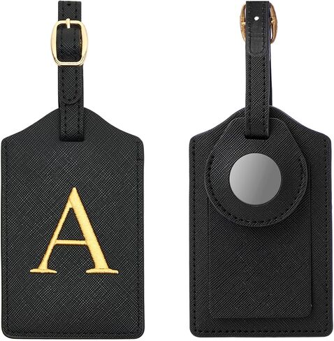 Initial Luggage Tag with Airtag Holder, Embroidered Luggage Tag with Airtag Protective Case, Travel Accessory for Secure Luggage Tracking (Black Leather+Gold Letter, A) in Saudi Arabia