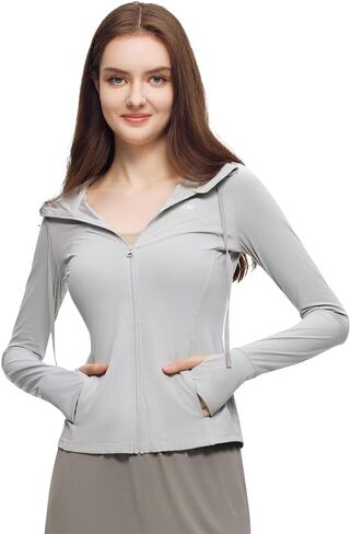 سترة رياضية بقلنسوة للجري للنساء، ملابس رياضية لليوجا بقصة ضيقة مع فتحات للإبهام SLC5M113T in Kuwait