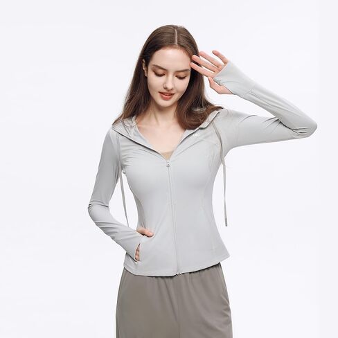 سترة رياضية بقلنسوة للجري للنساء، ملابس رياضية لليوجا بقصة ضيقة مع فتحات للإبهام SLC5M113T in Kuwait