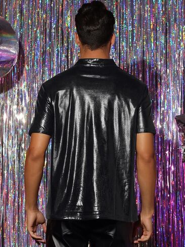 Lars Amadeus Metallic T-Shirt for Men's Stand Collared Shiny Disco Party Short Sleeves Polo Tee in Kuwait