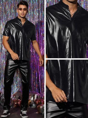 Lars Amadeus Metallic T-Shirt for Men's Stand Collared Shiny Disco Party Short Sleeves Polo Tee in Kuwait