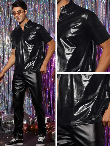 Lars Amadeus Metallic T-Shirt for Men's Stand Collared Shiny Disco Party Short Sleeves Polo Tee in Kuwait