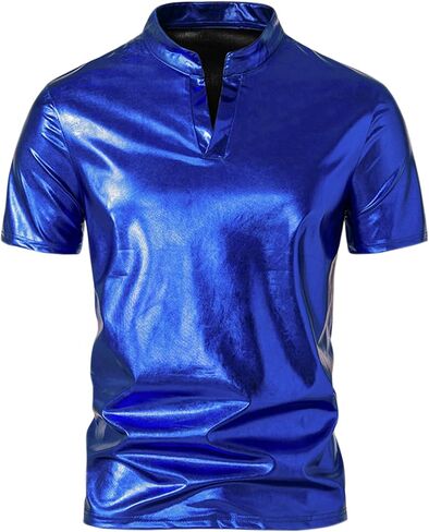 Lars Amadeus Metallic T-Shirt for Men's Stand Collared Shiny Disco Party Short Sleeves Polo Tee in Kuwait