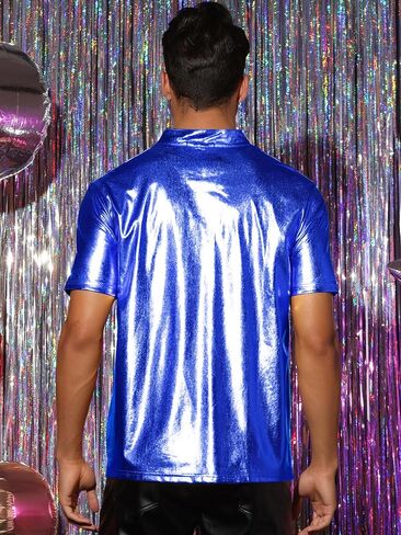 Lars Amadeus Metallic T-Shirt for Men's Stand Collared Shiny Disco Party Short Sleeves Polo Tee in Kuwait