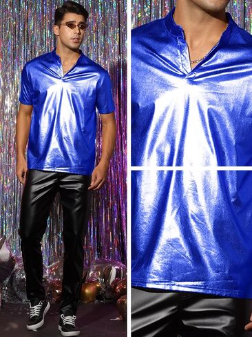 Lars Amadeus Metallic T-Shirt for Men's Stand Collared Shiny Disco Party Short Sleeves Polo Tee in Kuwait