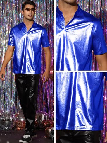 Lars Amadeus Metallic T-Shirt for Men's Stand Collared Shiny Disco Party Short Sleeves Polo Tee in Kuwait