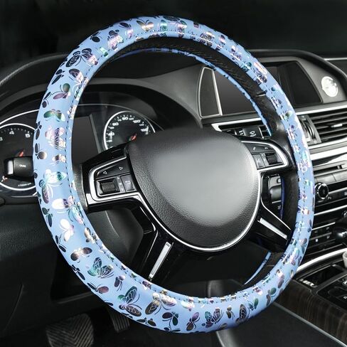 CAR-GRAND Shining Butterfly Leather Steering Wheel Cover, Universal 14.5-15 Inch Anti-Slip Odorless Colorful Car Wheel Protector for Women and Girls,Fit Trucks, Suvs,Vans, Sedans (Colorful Blue) in Kuwait