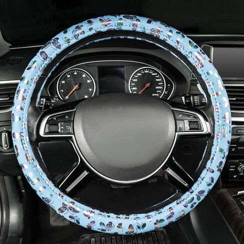 CAR-GRAND Shining Butterfly Leather Steering Wheel Cover, Universal 14.5-15 Inch Anti-Slip Odorless Colorful Car Wheel Protector for Women and Girls,Fit Trucks, Suvs,Vans, Sedans (Colorful Blue) in Kuwait