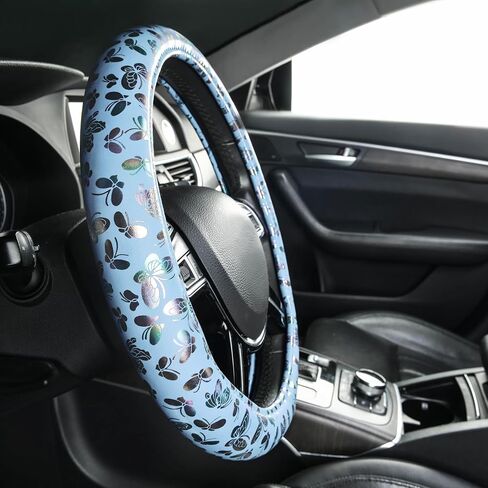 CAR-GRAND Shining Butterfly Leather Steering Wheel Cover, Universal 14.5-15 Inch Anti-Slip Odorless Colorful Car Wheel Protector for Women and Girls,Fit Trucks, Suvs,Vans, Sedans (Colorful Blue) in Kuwait