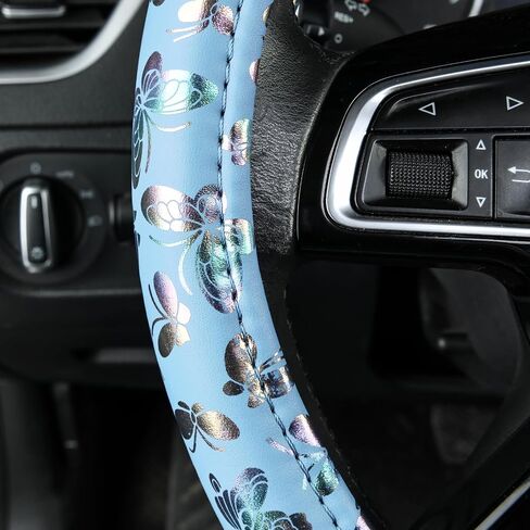 CAR-GRAND Shining Butterfly Leather Steering Wheel Cover, Universal 14.5-15 Inch Anti-Slip Odorless Colorful Car Wheel Protector for Women and Girls,Fit Trucks, Suvs,Vans, Sedans (Colorful Blue) in Kuwait
