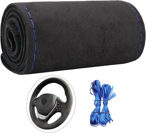 Suede Leather Steering Wheel Cover, DIY Stitch-On Wrap with Needle & Thread, Breathable Cowhide, Fits 14.5-15 Inch, Non-Slip Dark Gray,Comfortable to The Touch, Year-Round Use in Saudi Arabia