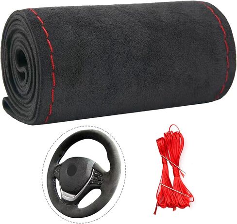 Suede Leather Steering Wheel Cover, DIY Stitch-On Wrap with Needle & Thread, Breathable Cowhide, Fits 14.5-15 Inch, Non-Slip Dark Gray,Comfortable to The Touch, Year-Round Use in Saudi Arabia