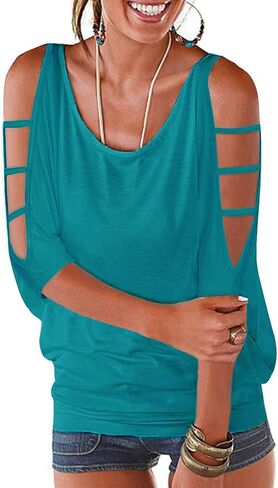 Womens Summer Cold Shoulder Tops 3/4 Sleeve T Shirts Pullover Casual Dolman Blouses in Kuwait