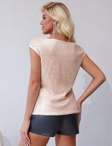 FOLUNSI Womens Sparkly Sequin Tops Cowl Neck Cap Sleeve Glitter Evening Cocktail Blouse Party Shirt in Kuwait