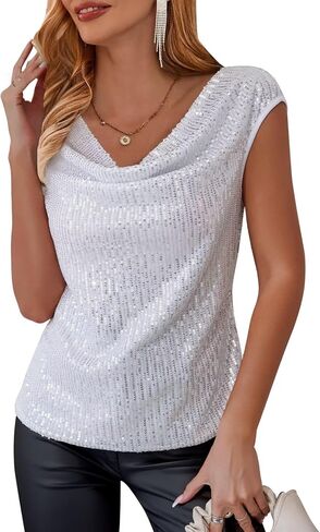FOLUNSI Womens Sparkly Sequin Tops Cowl Neck Cap Sleeve Glitter Evening Cocktail Blouse Party Shirt in Kuwait