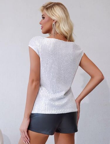 FOLUNSI Womens Sparkly Sequin Tops Cowl Neck Cap Sleeve Glitter Evening Cocktail Blouse Party Shirt in Kuwait