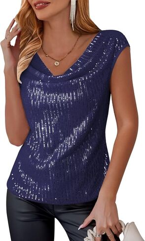 FOLUNSI Womens Sparkly Sequin Tops Cowl Neck Cap Sleeve Glitter Evening Cocktail Blouse Party Shirt in Kuwait