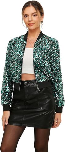 Women's Sequin Jacket Sparkly Cropped Bomber Long Sleeve Zipper Up Casual Party Blazer With Pockets in Kuwait